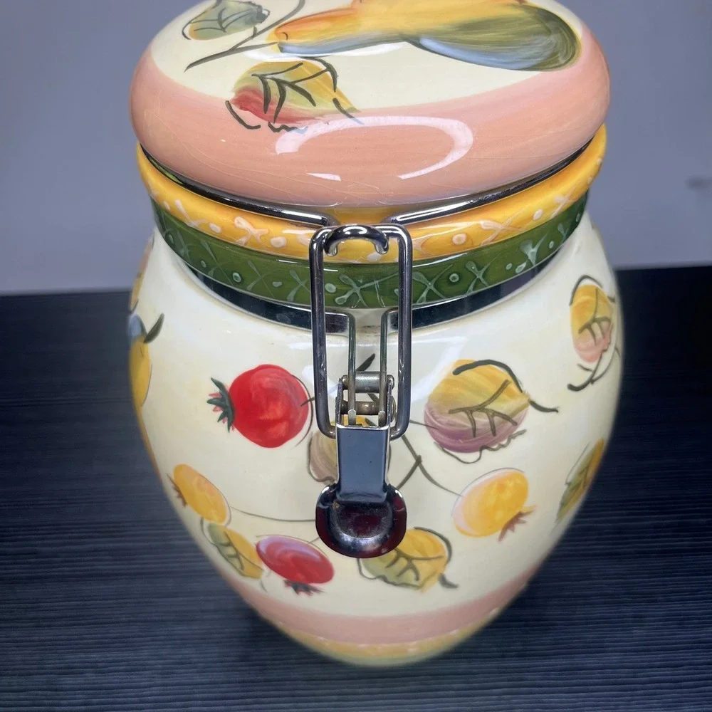 Gibson Everyday Kitchen Canister Hand Painted Fruit Ceramic Metal Clamp Lid 9in